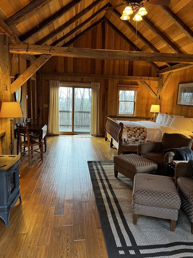 A cabin interior with a vaulted wooden ceiling, exposed beams, a king bed, a seating area, and a sliding glass door opening to nature.