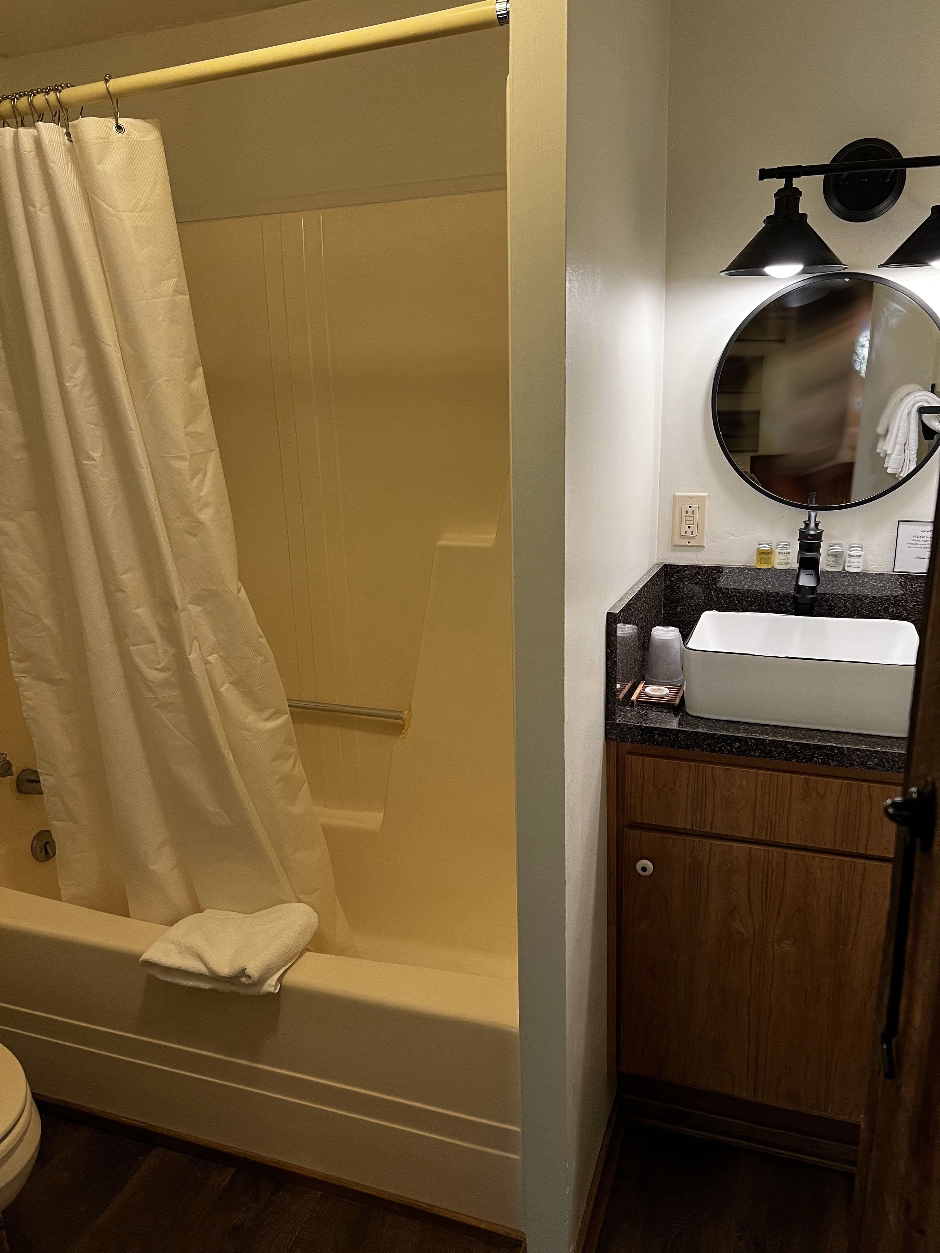 Bathroom with white tub/shower and curtain, dark wood-look floor, and a vanity featuring a vessel sink, round mirror, and dark light fixture.