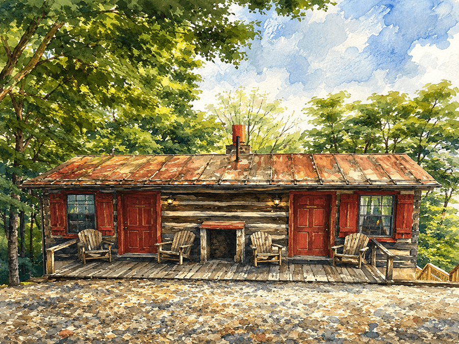 A rustic log cabin with a weathered red roof and chairs on a porch, surrounded by lush greenery.