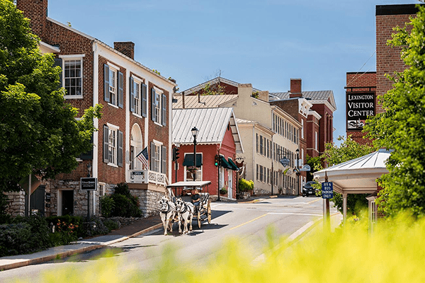 A horse-drawn carriage travels down a picturesque street lined with historic buildings and greenery.