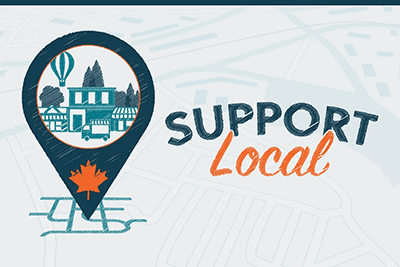 Graphic encouraging support for local businesses, featuring a location pin and illustrations of shops and trees.