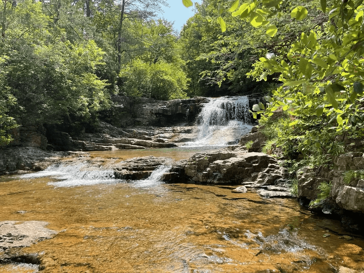 A serene waterfall cascades over rocky terrain into a clear stream, surrounded by lush greenery.