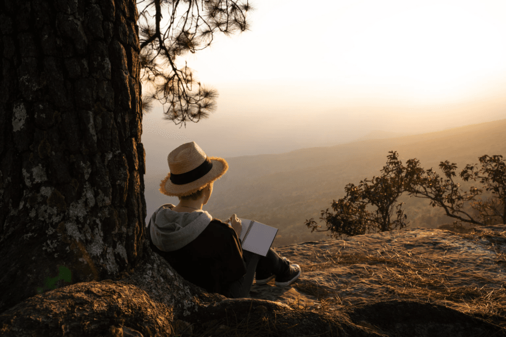 A person sits on a rock near a tree, writing in a notebook during sunset.