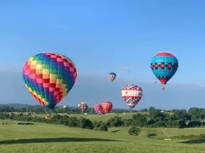 A colorful array of hot air balloons floats over a green landscape under a clear blue sky.