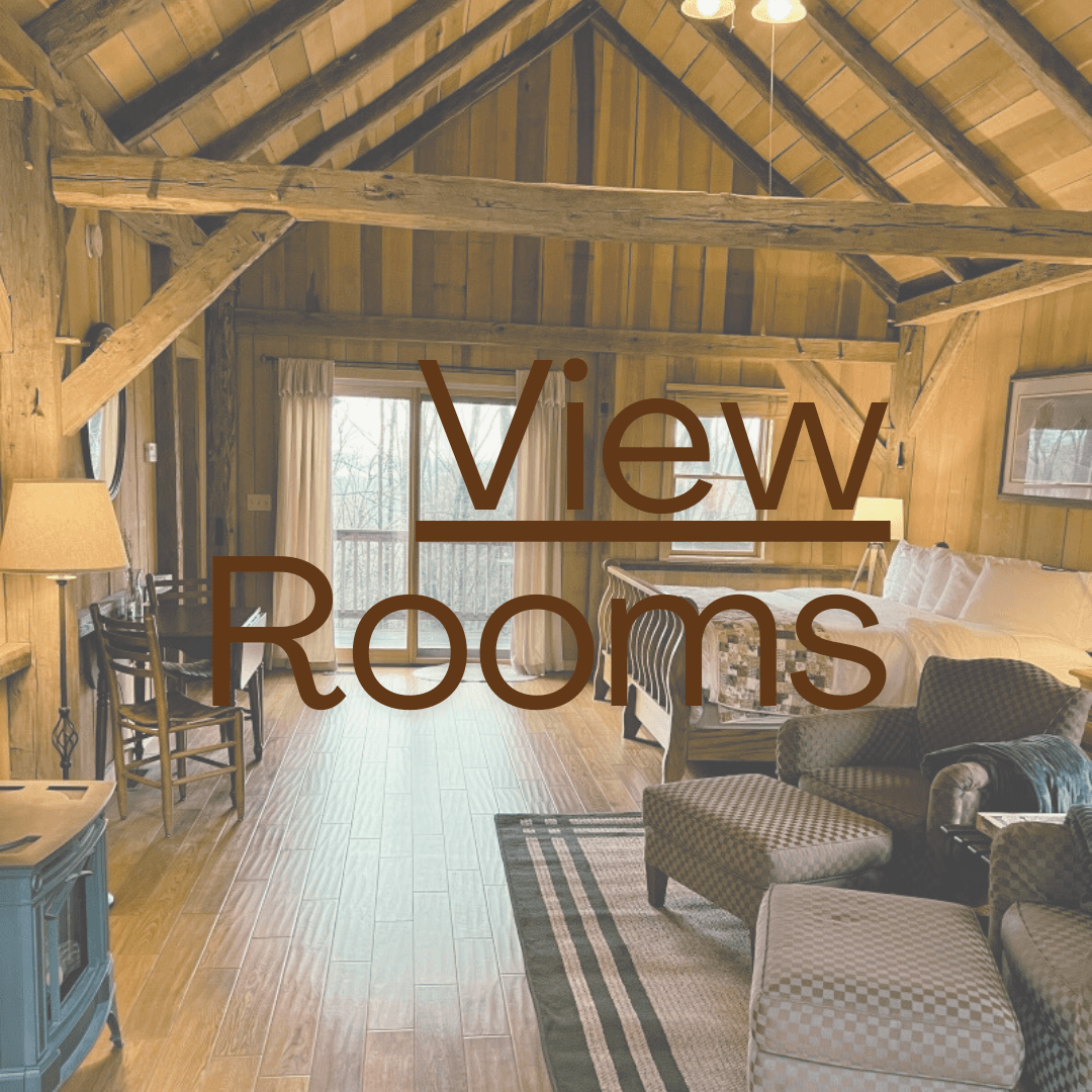 A cozy wooden cabin interior featuring rustic furnishings and large windows.
