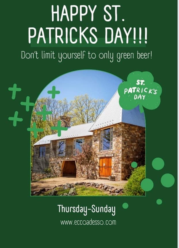 A stone house with a modern roof is surrounded by greenery, with "Happy St. Patrick's Day" text and event details in a festive green design.