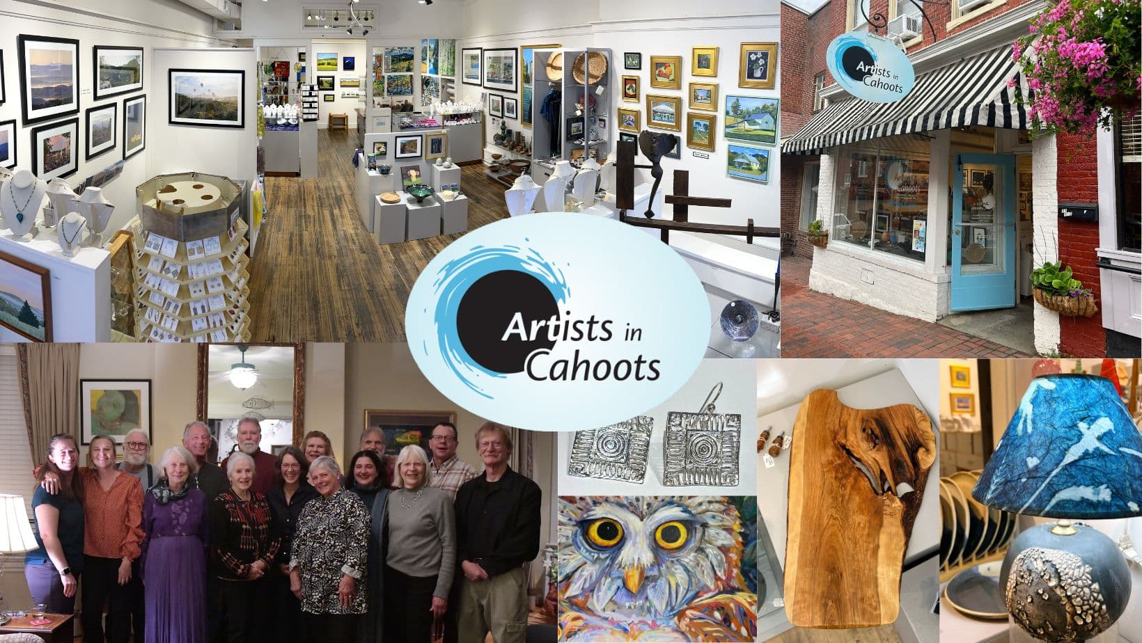 A collage featuring the interior of an art gallery, a storefront, various artworks, and a group photo of artists.
