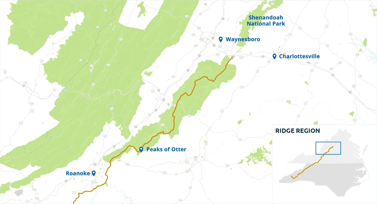 Map highlighting the Ridge Region of Virginia, featuring key locations like Shenandoah National Park, Waynesboro, Charlottesville, and the Peaks of Otter.