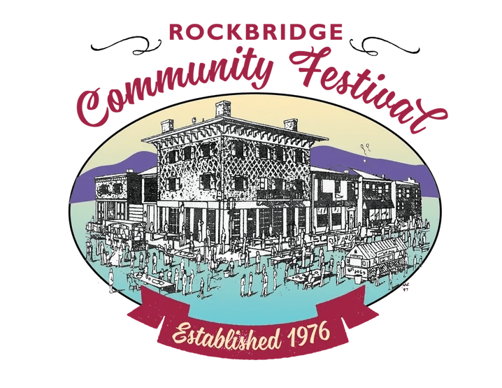Graphic logo featuring a stylized drawing of a building with the text "Rockbridge Community Kitchen, Established 1976."
