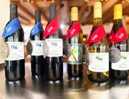 A collection of wine bottles with medals and colorful ribbons displayed on a countertop.