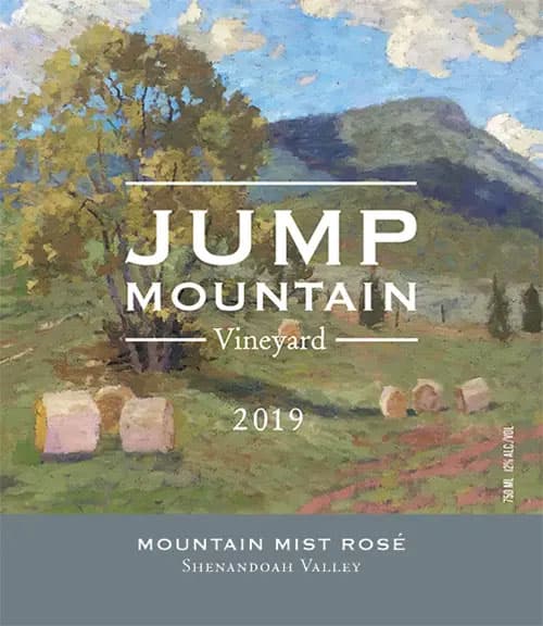 Label design for Jump Mountain Vineyard's 2019 Mountain Mist Rosé, featuring a pastoral landscape.