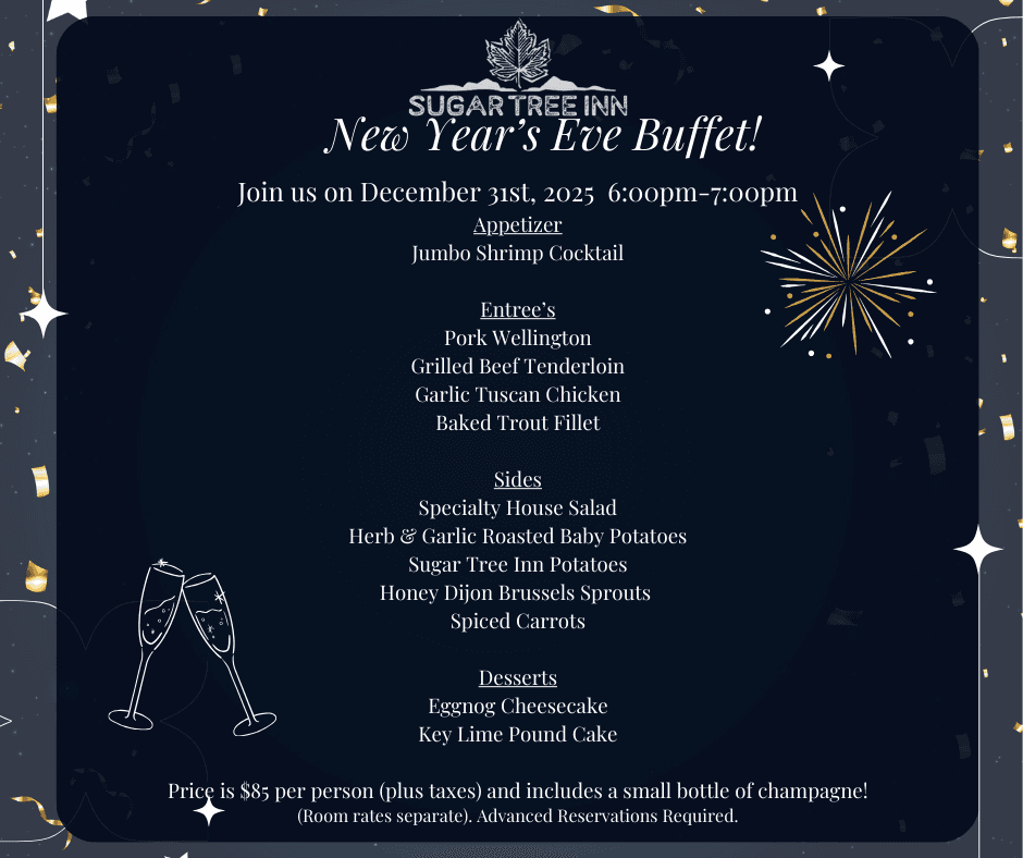 New Year's Eve buffet menu for Sugar Tree Inn featuring appetizers, entrees, sides, desserts, and pricing details.