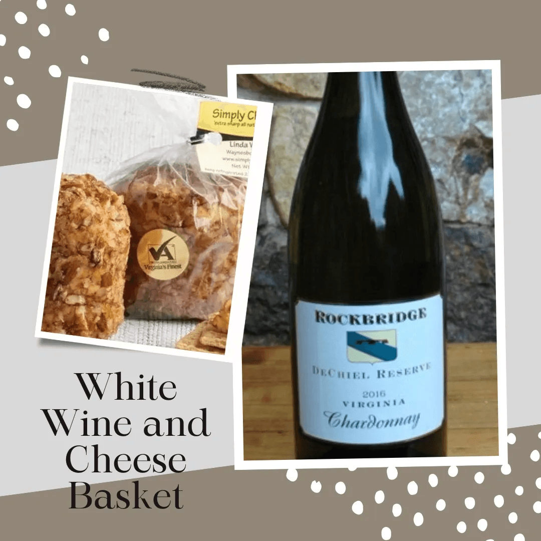 A white wine and cheese basket featuring Rockbridge Chardonnay and cheese balls.