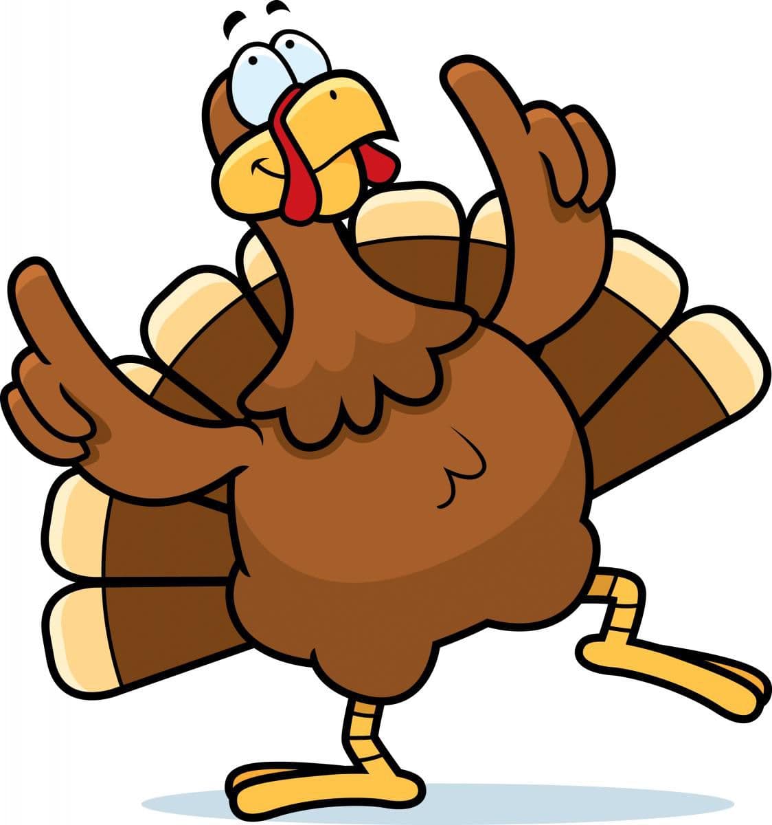 A cheerful cartoon turkey posing with one finger raised.