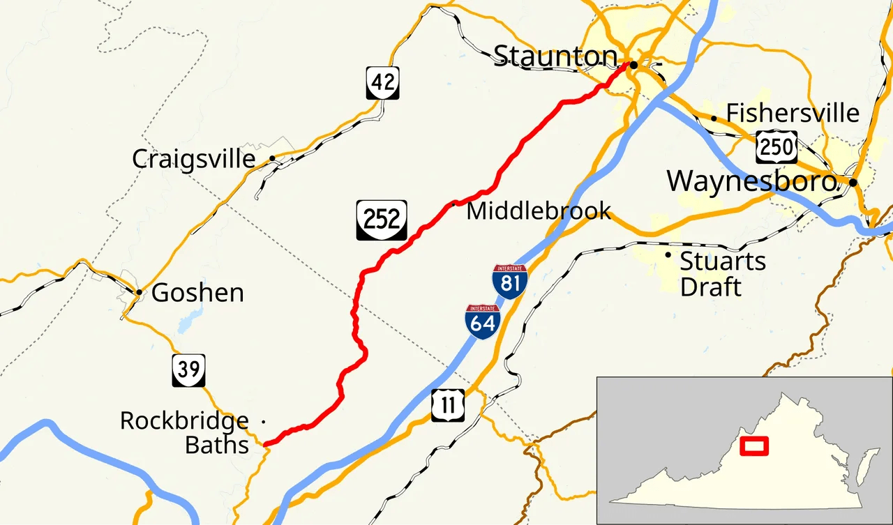 Map of Staunton and surrounding areas in Virginia, highlighting Route 252 in red.
