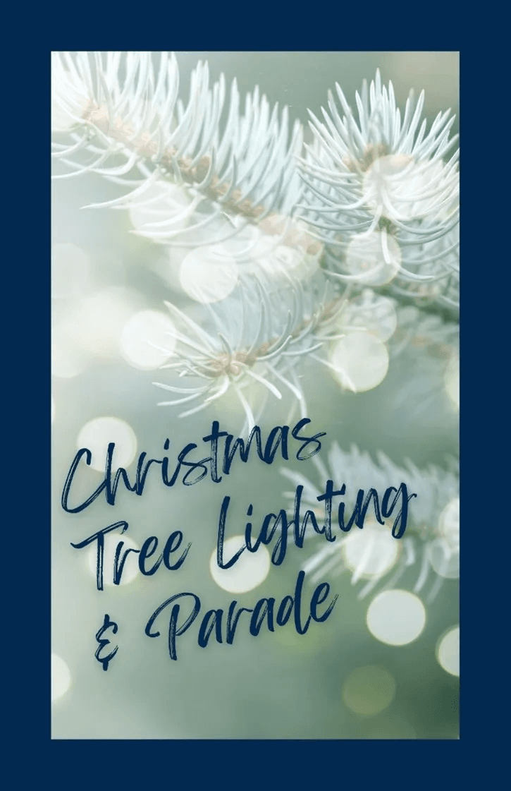A festive announcement for a Christmas tree lighting and parade event, featuring a blurred evergreen background.