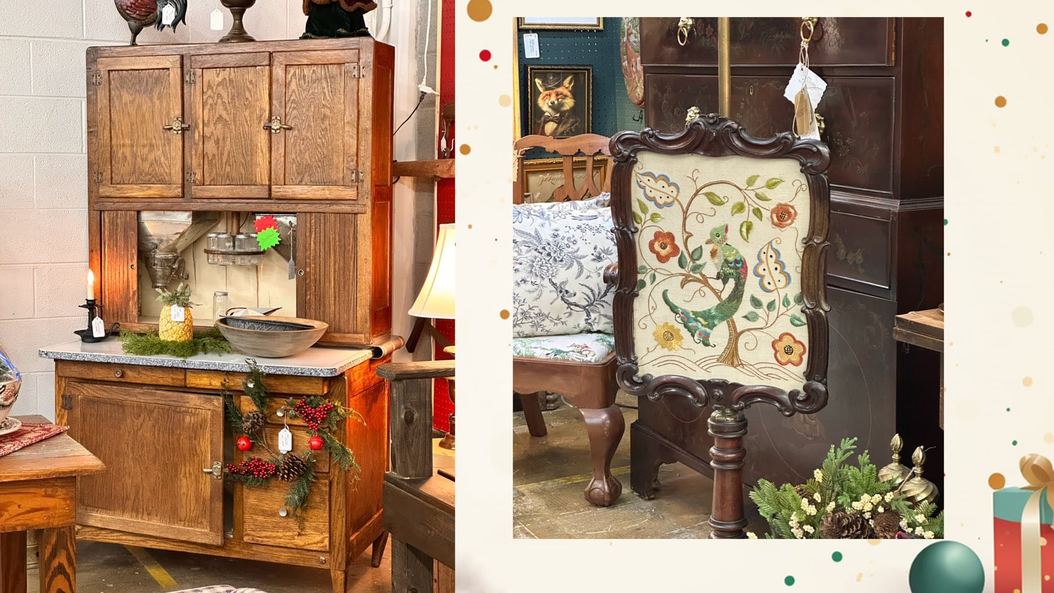 A wooden hutch with a mirror and decorative flowers on a screen beside it.