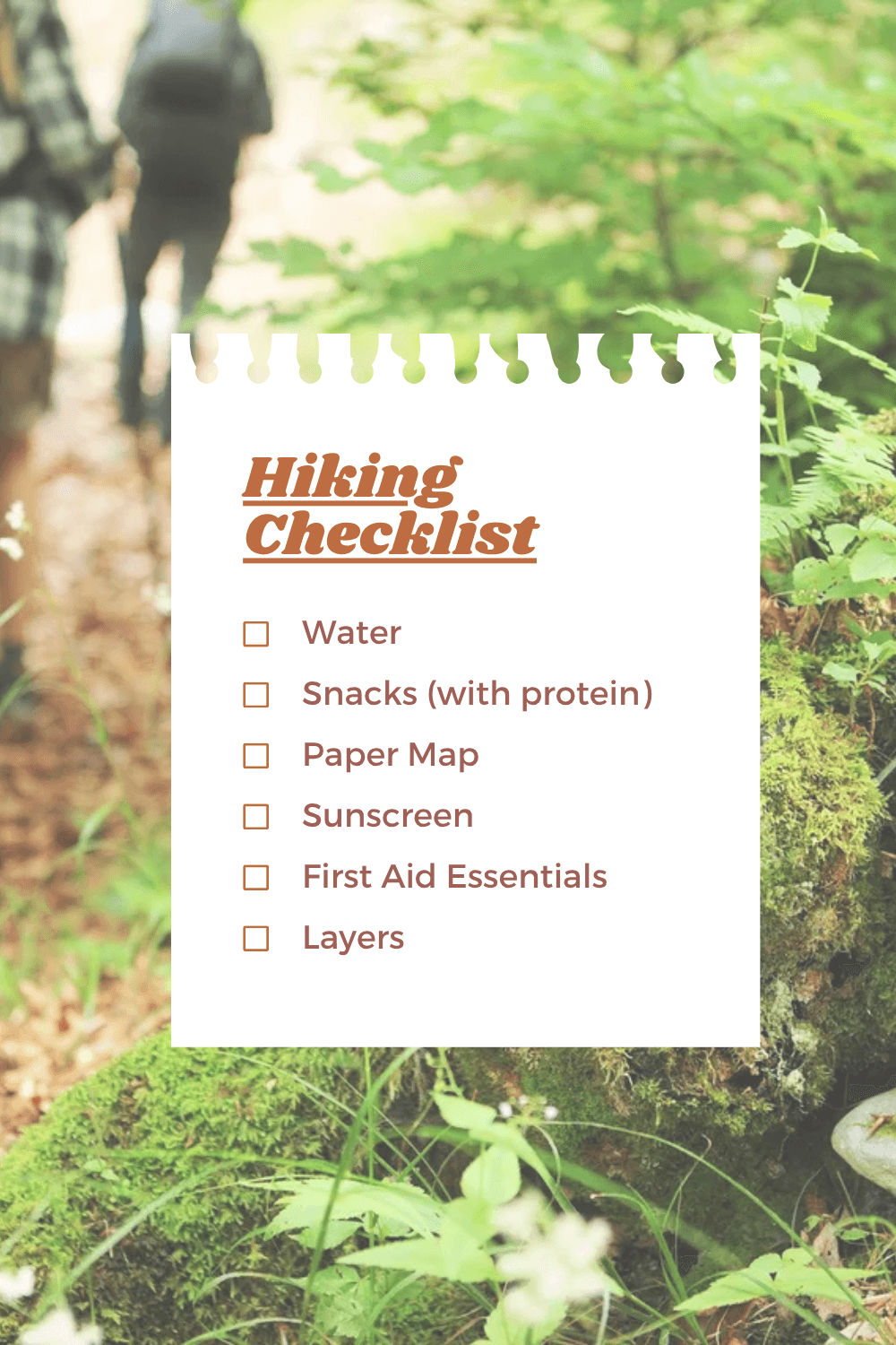 A hiking checklist with essential items like water, snacks, map, sunscreen, first aid, and layers, set against a nature backdrop.