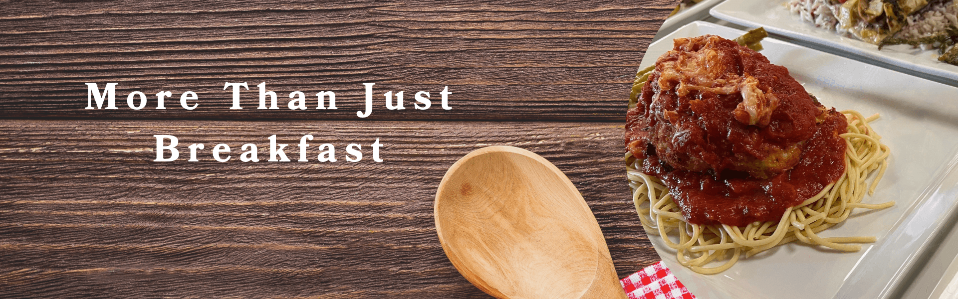 More than just breakfast with a wooden spoon and image of stuffed chicken over noodles