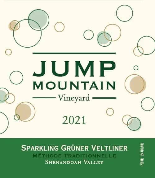 Label for Jump Mountain Vineyard's 2021 Sparkling Grüner Veltliner featuring bubbles and a green and cream color scheme.
