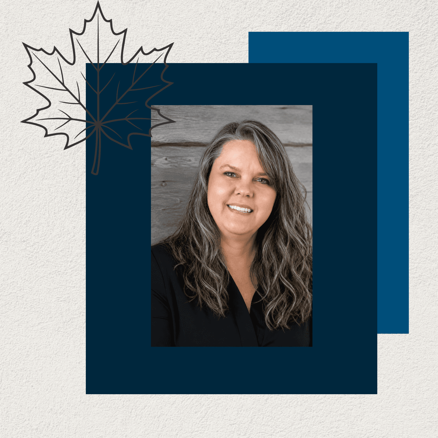 A smiling woman with long, wavy gray hair is framed by blue and beige geometric shapes.