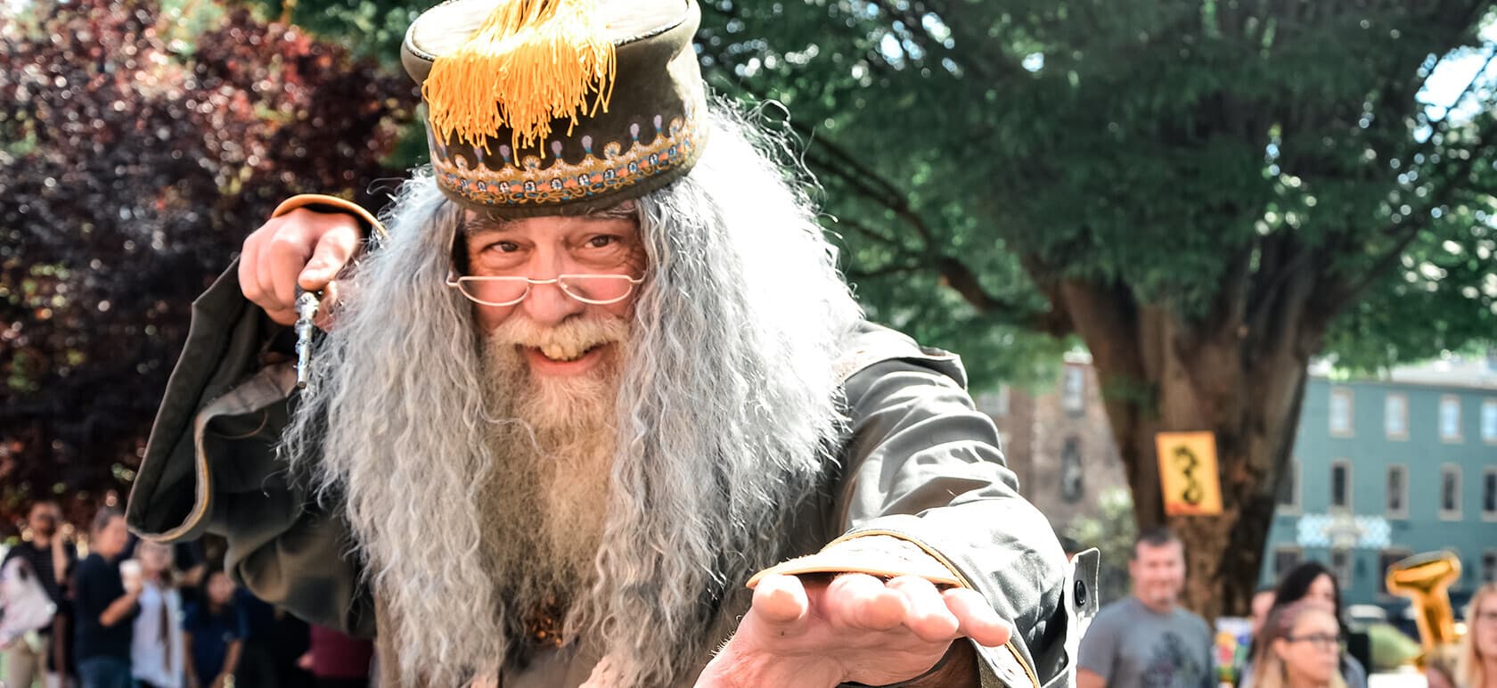 A bearded man in a wizard costume gestures playfully at a festival.