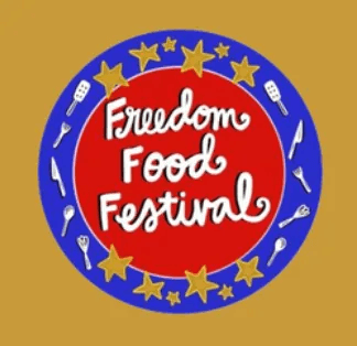 Logo of the Freedom Food Festival featuring red and blue circular design with stars and utensils.