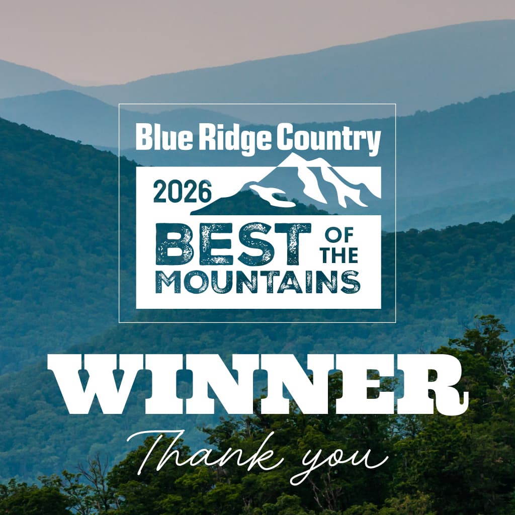 Graphic announcing a winner in the "2026 Best of the Mountains" from Blue Ridge Country magazine, featuring mountainous background and "Thank you" text.