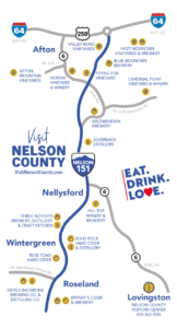 Map of Nelson County highlighting local wineries, breweries, and distilleries along Route 151.