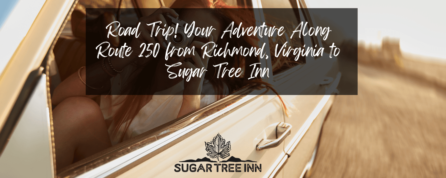 A person leans out of a vintage car window, capturing the scenery on Route 250 from Richmond, Virginia to Sugar Tree Inn. A person leans out of a vintage car window, capturing the scenery on Route 250 from Richmond, Virginia to Sugar Tree Inn.