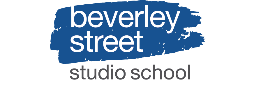 Logo of Beverley Street Studio School with a blue paintbrush stroke background.
