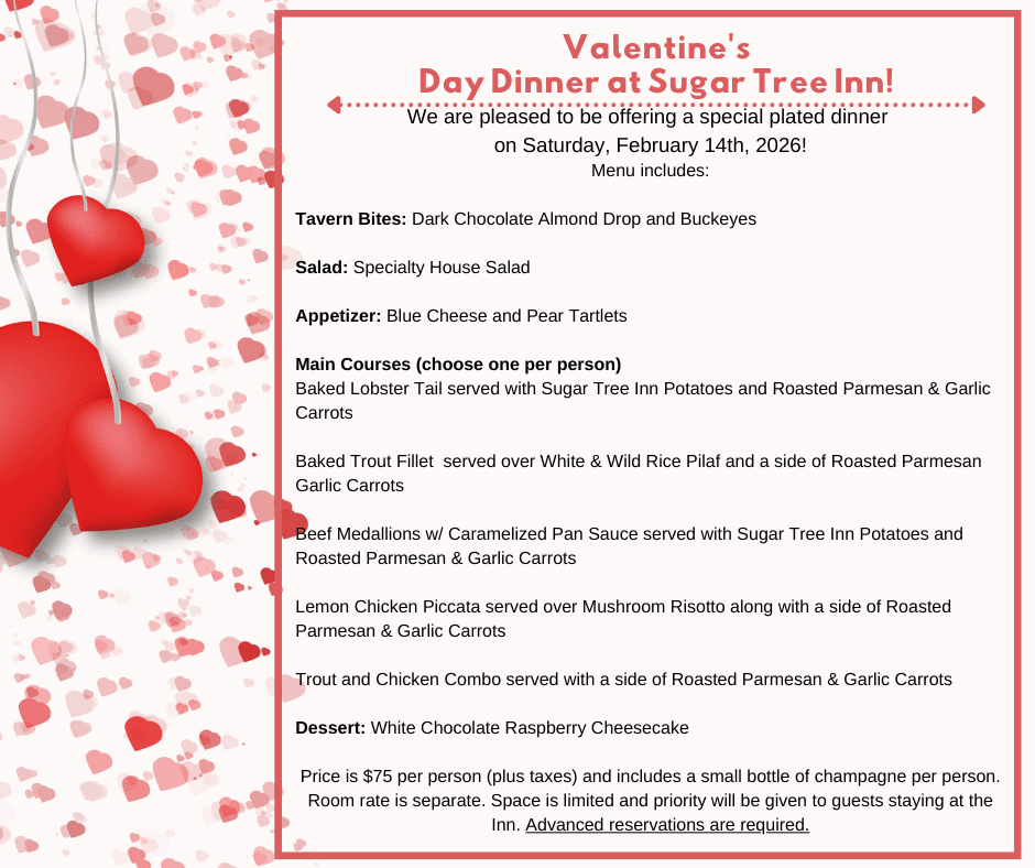 Valentine's Day dinner menu at Sugar Tree Inn featuring a selection of appetizers, main courses, and dessert on February 14, 2026.