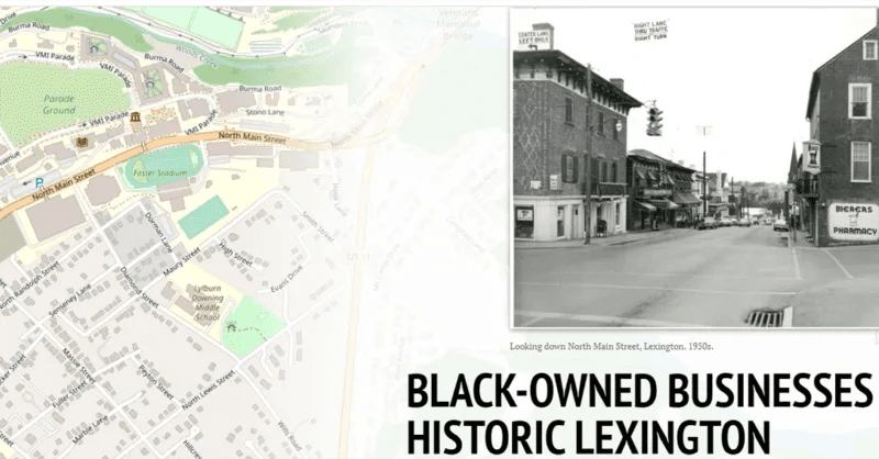 A historical image of North Main Street in Lexington from the 1950s alongside a map of the area, highlighting Black-owned businesses.