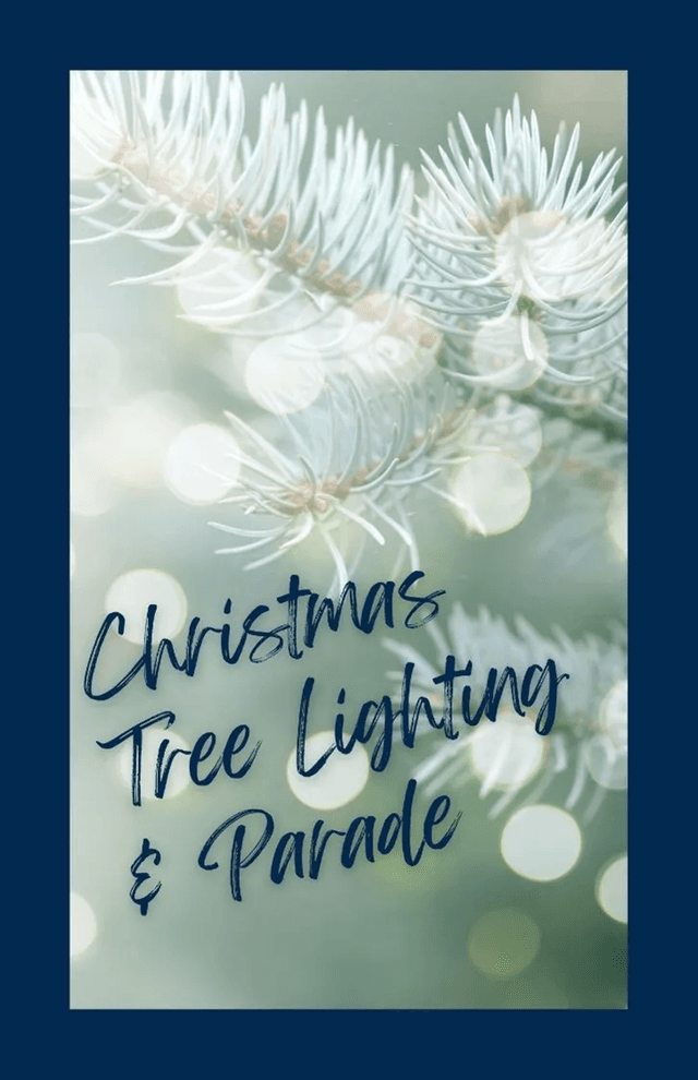 Image shows white colored evergreen tree branch close up with the words Christmas Tree Lighting and Parade across the front