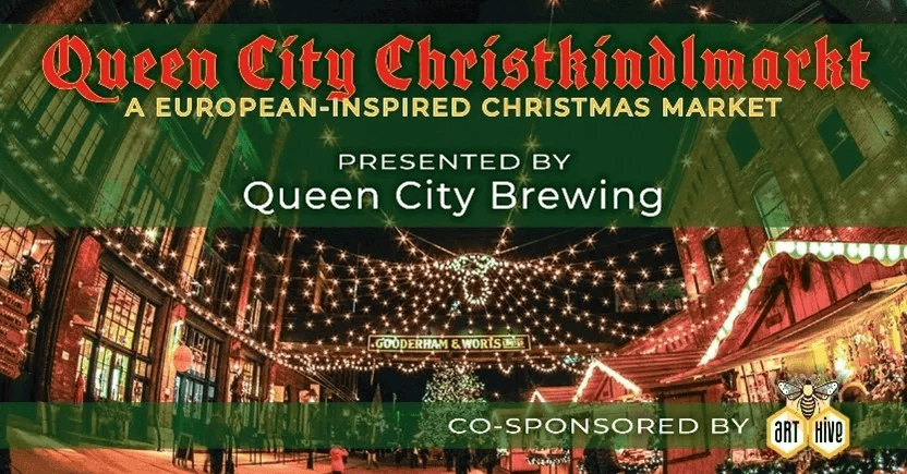 picture of a christmas market with Queen City Christkindlmarkt written across the top